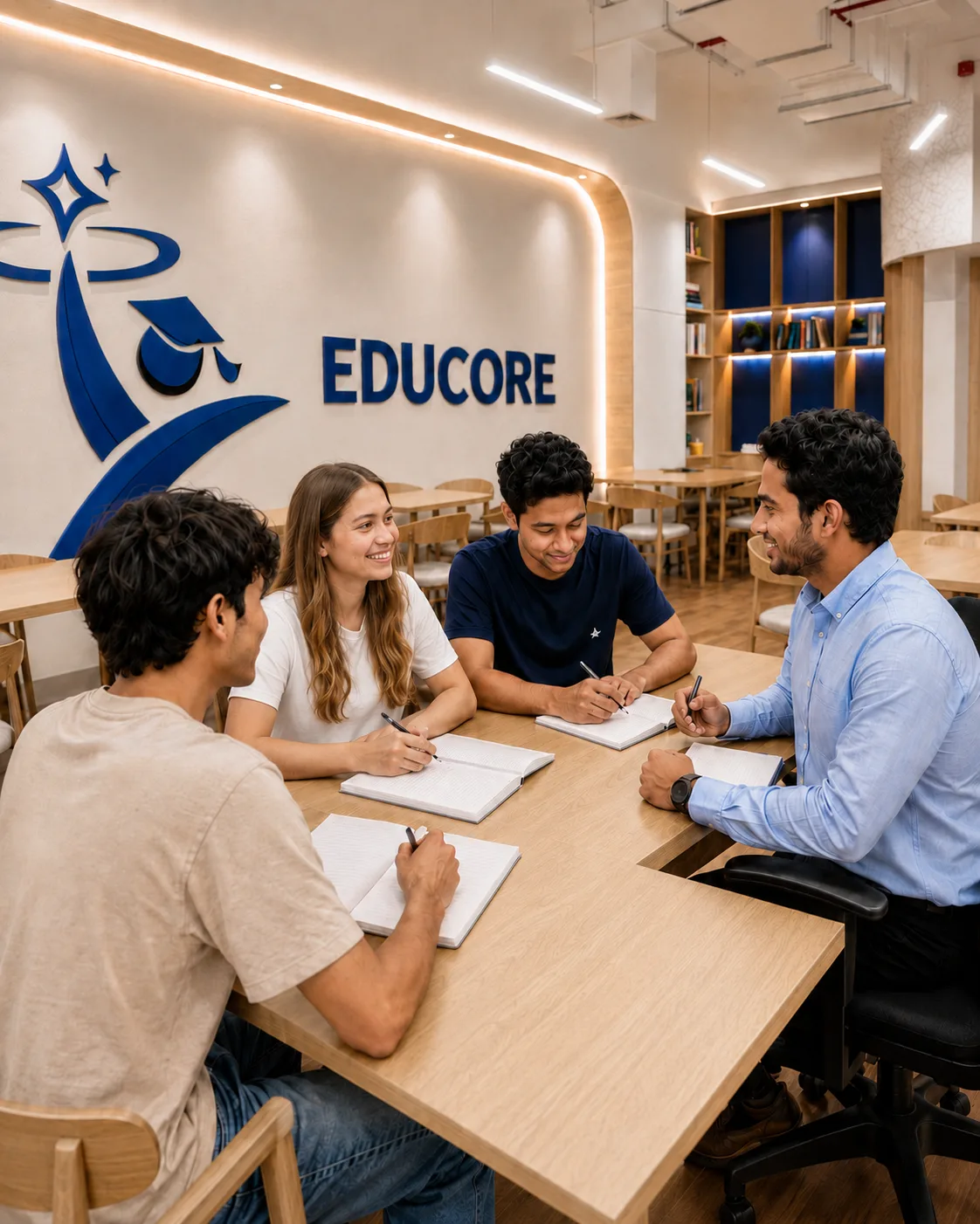Four students working through their notebooks with a tutor at a shared table