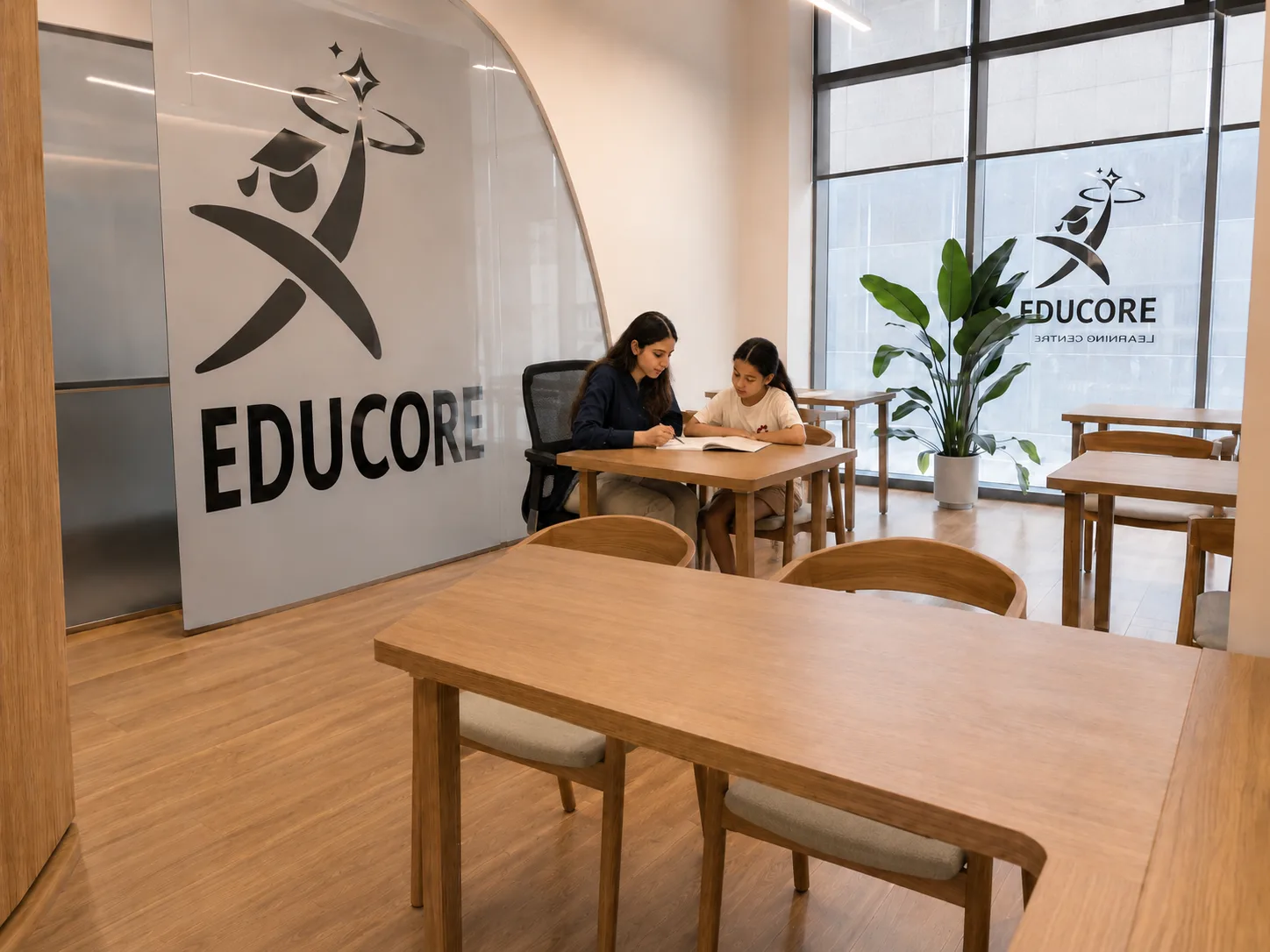 A tutor and a student working through a book together at a study table