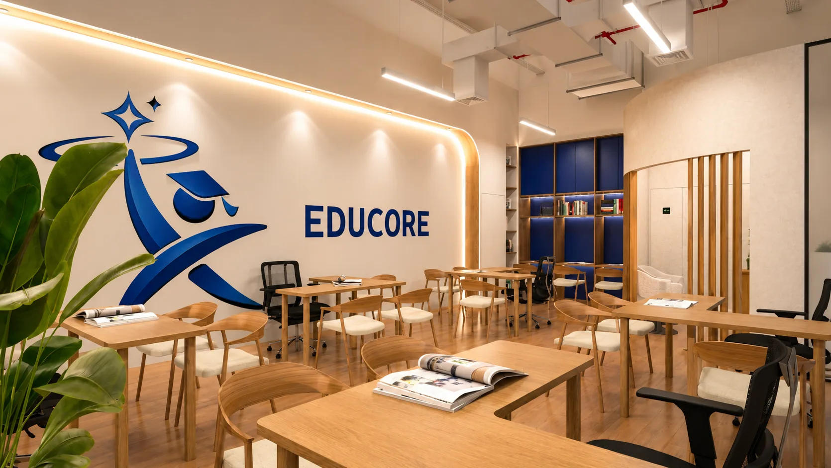 The main Educore study hall with long light-wood tables under the branded feature wall
